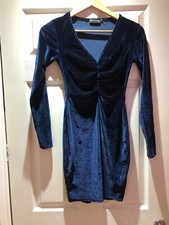 Pretty Little Thing 6 Navy Blue Velvet Ruched Mini Bodycon Dress