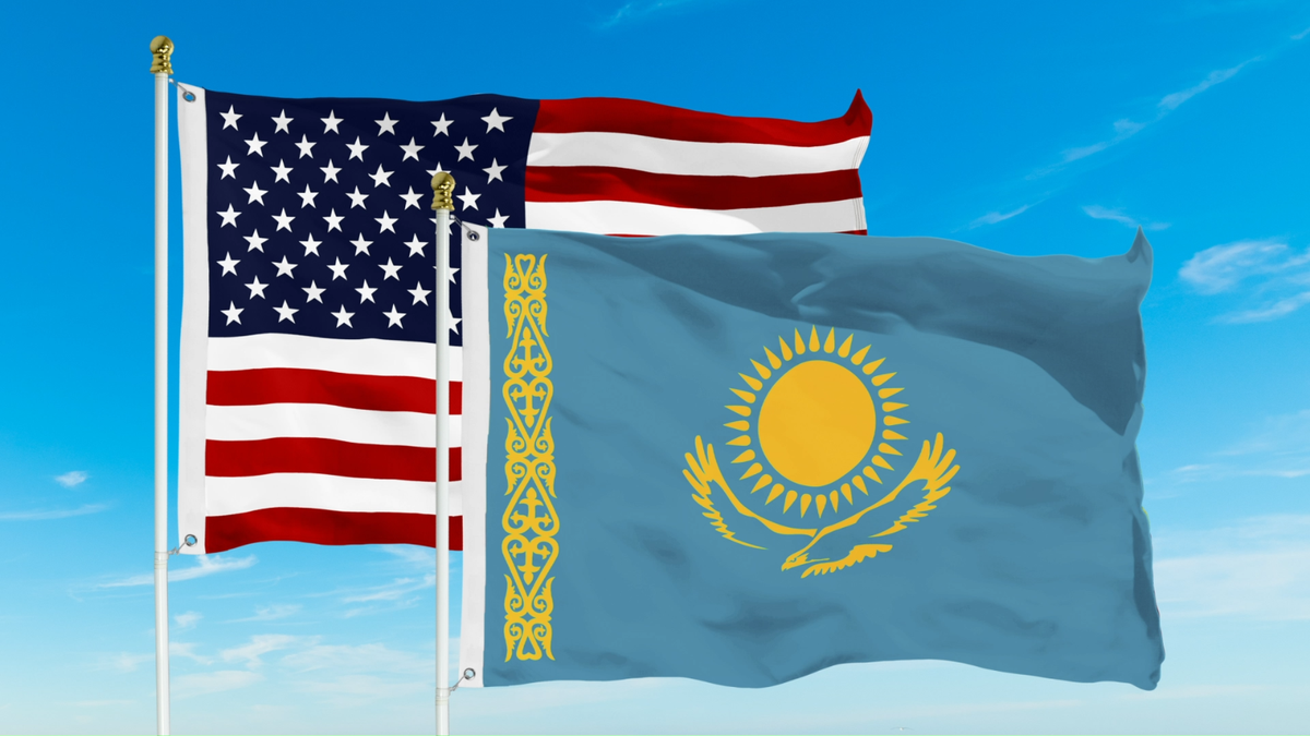 G128 Combo USA Flag & Kazakhstan Flag 3x5Ft LiteWeave Pro Printed