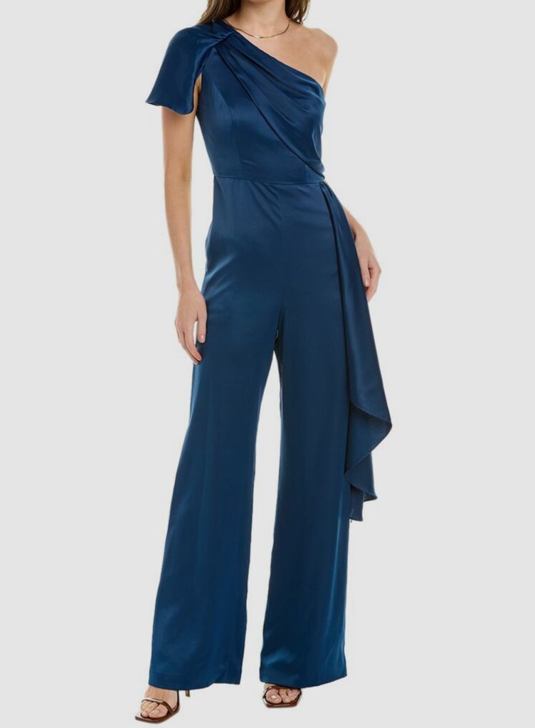 $795 Theia Women's Blue Portia One Shoulder Satin Jumpsuit Size 0