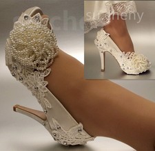 su.cheny 3" 4" heel White ivory lace pearl flower open toe Wedding Bridal shoes