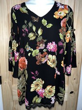 Philosophy Dress Tunic Size M Black Floral Flowers Butterfly Print Bell Sleeve