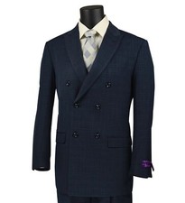 BIG  TALL Men's Navy Windowpane Double Breasted 6 Button Classic Fit Suit NWT
