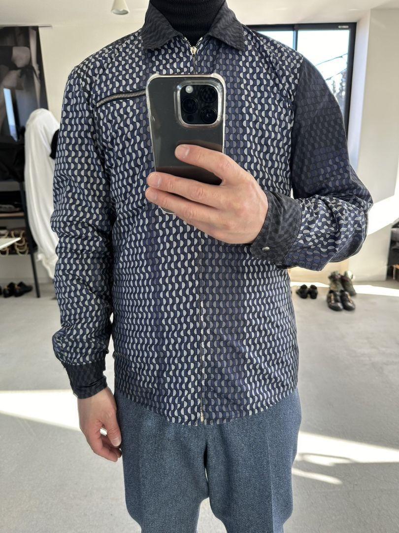 PRADA Total Pattern Zip Up Jacket S Logo Satin Navy Blue