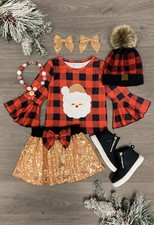 Girls Boutique Christmas Buffalo Check Santa Sequin Skirt Adorable Outfit Set 4T