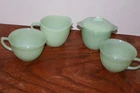 Vintage Fire-King Jadeite Ribbed 2 Jane Ray Cups , Creamer , Sugar Bowl w/ Lid