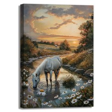 White Horse Canvas Wall Art Abstract Animal Picture Print Vintage Farmhouse A...