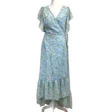 DREW Maggie Floral Wrap Dress Sz L Blue Ruffles Flounce Spring Cottagecore NWT