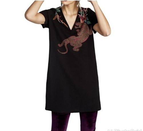 Vestido recto Zara mujer talla XL negro estampado jaguar bordes crudos - Imagen 1 de 8