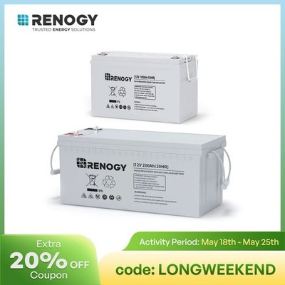 Renogy Deep Cycle AGM Battery Rechargeable 12V 100Ah/200Ah For RV Solar Marine
