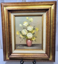 VTG Robert Cox Signed Still Life Floral 8"x 10" Oil Painting Wood & Gold Framed