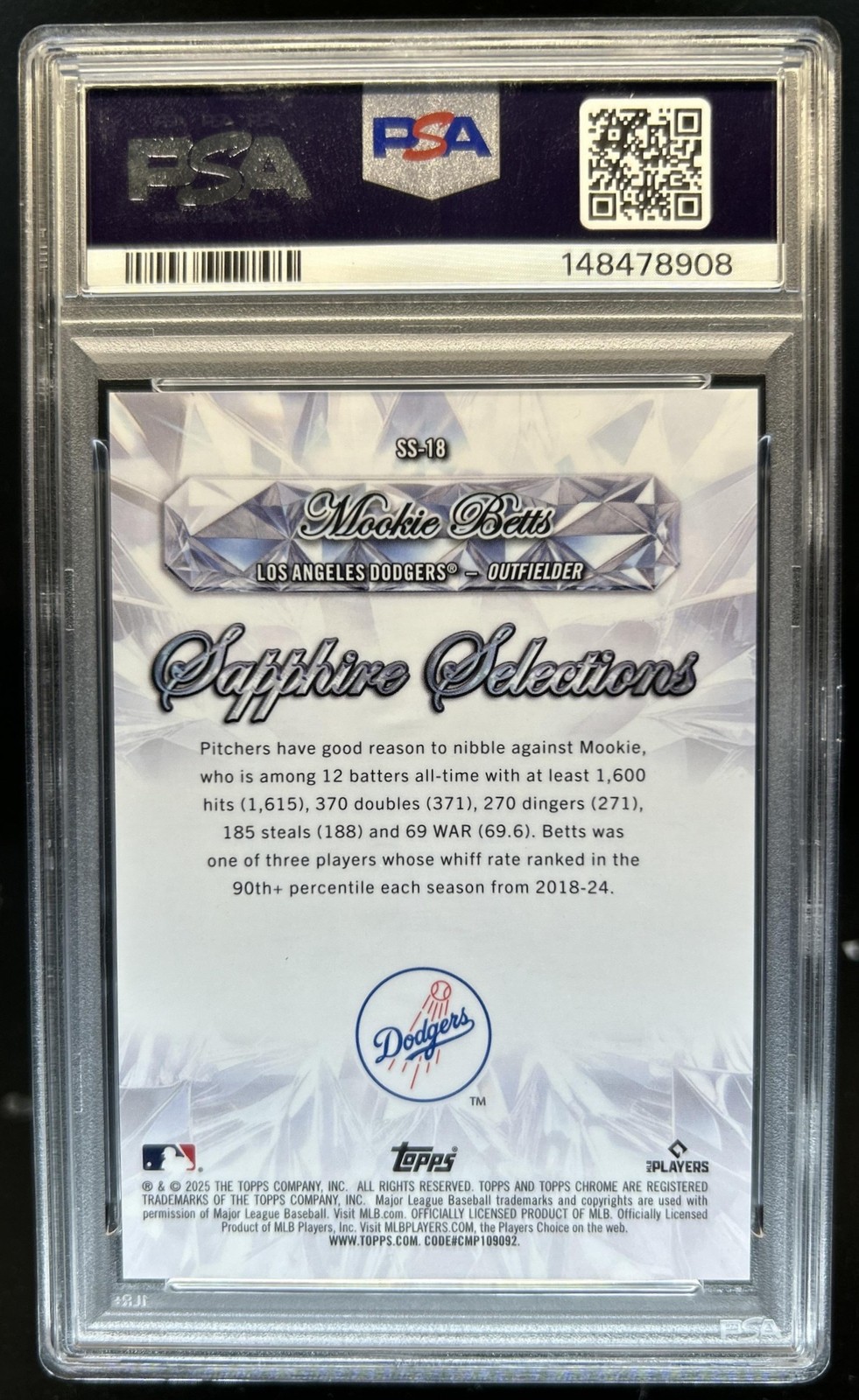 2025 Topps Chrome Sapphire Mookie Betts Selections Gold Refractor #/50 PSA 10 view 2