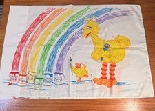 Vtg 70s Sesame Street Big Bird Muppets Painting Rainbow Pillowcase Read