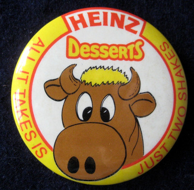 HEINZ dairy DESSERTS vintage 1970s ALL IT TAKES IS JUST TWO SHAKES pin BADGE cow