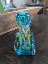 Hand Blown Blue, Yellow  And Red Cased Art Glass Perfume Bottle w/ Stopper 