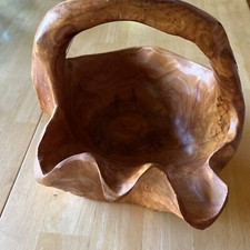 Large 11 x11 Hand Carved Primitive Burl Wood Bowl Basket W/Handle Preowned