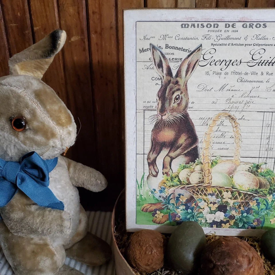 OLD PRIMITIVE ANTIQUE VINTAGE VICTORIAN RETRO STYLE EASTER BUNNY BASKET EGG SIGN - Image 3 of 4