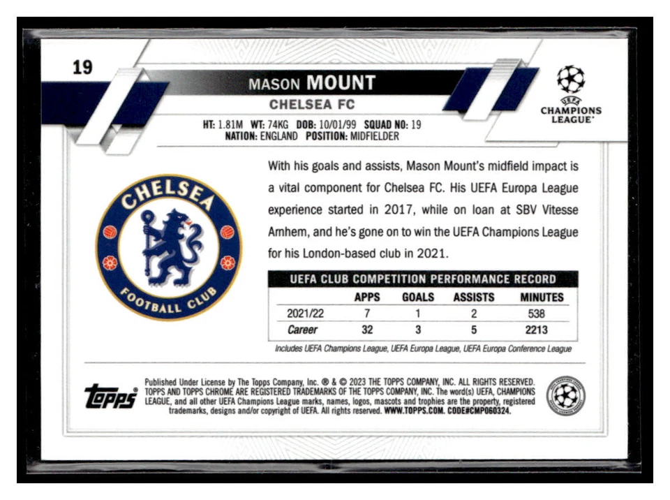 2022-23 Topps Chrome Sapphire Edition UEFA #19 Mason Mount Chelsea FC - Image 2 of 2
