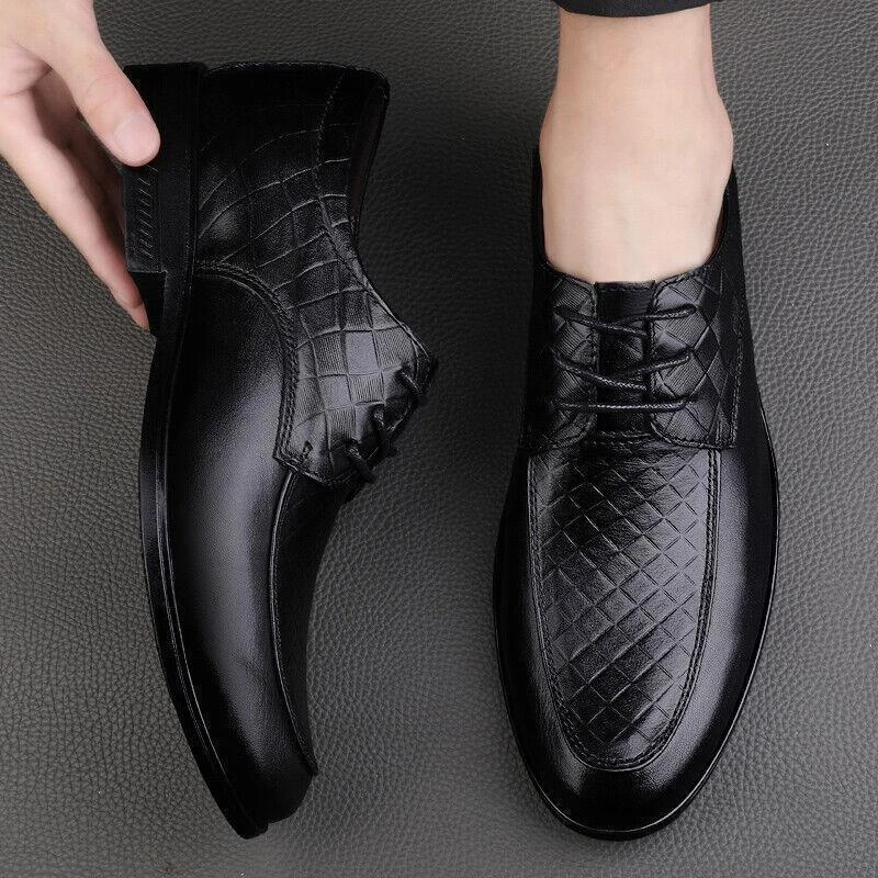 Men's Leather Shoes Work Formal Dress Suit Grid Print Lace Up 37-45 Pointed Toe