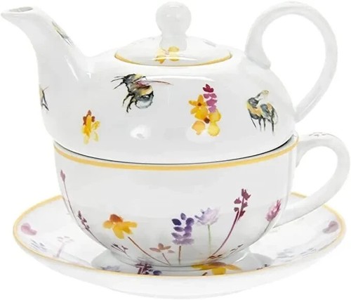 Busy Bees Tea for One Teapot Set Cup and Saucer Watercolour Floral Print Design - Picture 3 of 3
