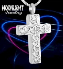 New Cross Hearts Urn Cremation Pendant Ashes Holder Memorial Necklace