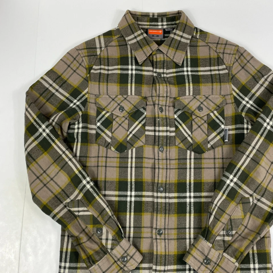 Merrell Shirt Mens Small Green Flannel Long Sleeve Button Up Plaid Trail Hiking - Image 2 of 4