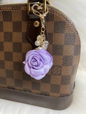 Purple Rose Flower Bag Charm Keychain Key Ring Car Charm Gold Heart Clasp Clip