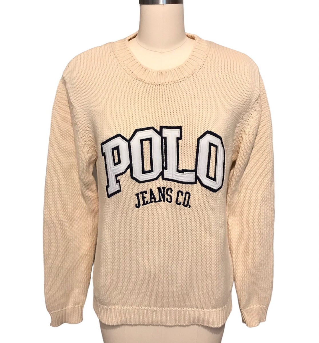 Ralph Lauren Polo Jeans Co Cable Knit Sweater VTG Spellout Cream