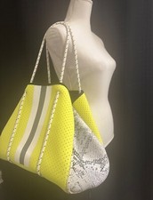 Parker & Hyde Neoprene Neon Yellow Snake Skin Tote Bag Purse With Pouch Nwt