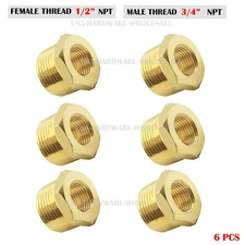 6 PC- 3/4" Male x 1/2" Female NPT Pipe reducer Hex Bushing adapter Brass Fitting