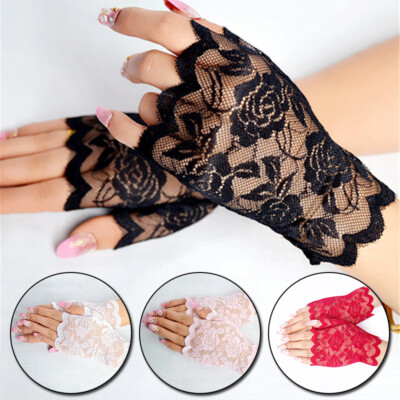 Pair Lace Stretch Fingerless Wrist Gloves Goth Fancy Dress Bride Wedding Mittens