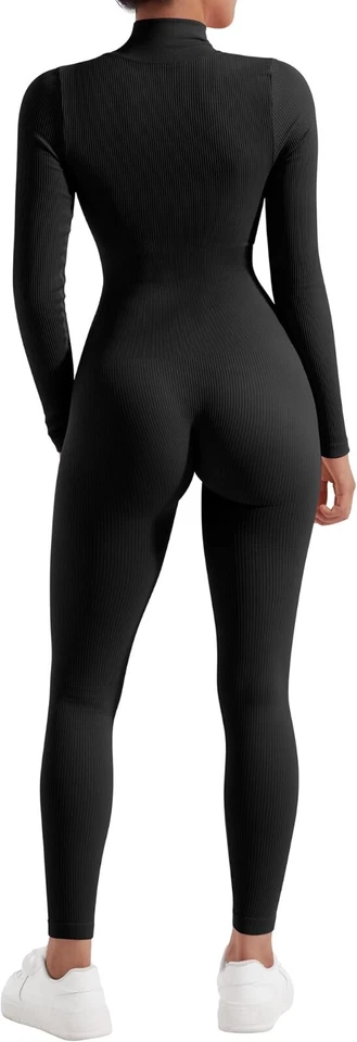 Ребристый длинным рукавом комбинезон сексуальный комбинезон молнии насмешливый шеи обтяжку цельный черный - Изображение 4 из 4