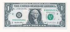 $1 FRN B 62222422 A near solid serial number 1995 New York Federal Reserve Note