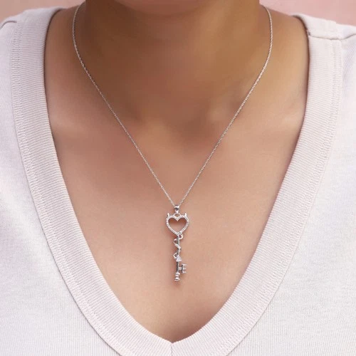 Diamond Accent Devil Heart Key Pendant With 18" Chain Necklace Sterling Silver