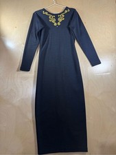 Fusion Wool Blend Vintage Black Dress Gold Embroidery Plunging V Back Size Small