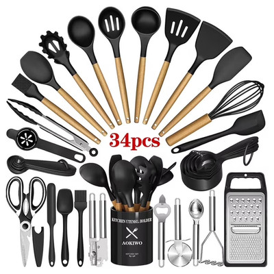 AOKIWO Kitchen Utensil Set 34Pcs Silicone Cooking Spatula Wooden Handle Chef Too