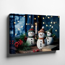 Cozy Winter Scene Featuring Three Cheerful Wooden Snowmen Each Adorned Wall Art