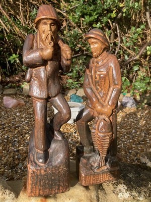 Vintage Kunst & Handwerk Holz handgeschnitzt Arbeiter Figuren x 2