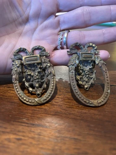 Two Vintage Brass Drawer Ring Pulls Door Knocker Style. Filigree Decor