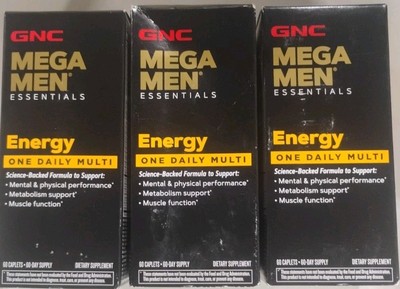 3 Pk GNC Mega Men Energy, Men's One Daily Multivitamin, 180 Total Caplets-10/26