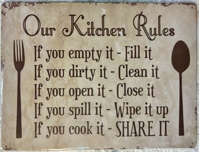 TIN SIGN Large 12x16 Kitchen Rules Mom Mother Parent Manners Clean Share #79