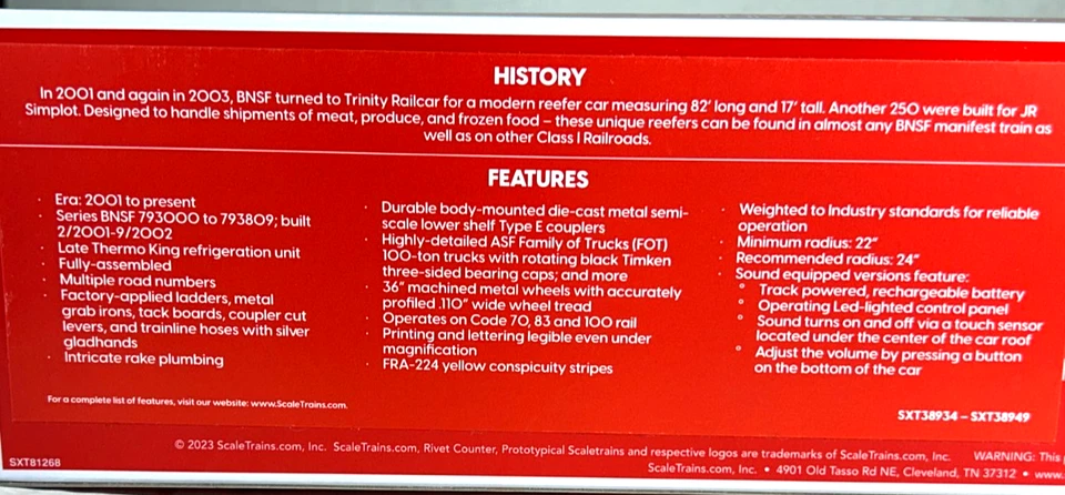 SCALETRAINS HO SCALE TRINITY 82'' 7883 CU FT REEFER BNSF SXT38941 - Image 4 of 4