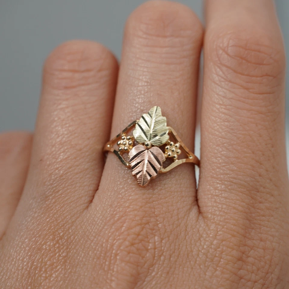 Vintage Black Hills Grape Vine Leaf Ring 10k Rose & Yellow Gold Size L / 5.5 - Image 2 of 4