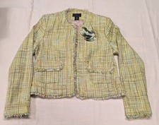True Meaning Tweed Boucle Jacket Womens L Yellow Fringe Open Front Blazer