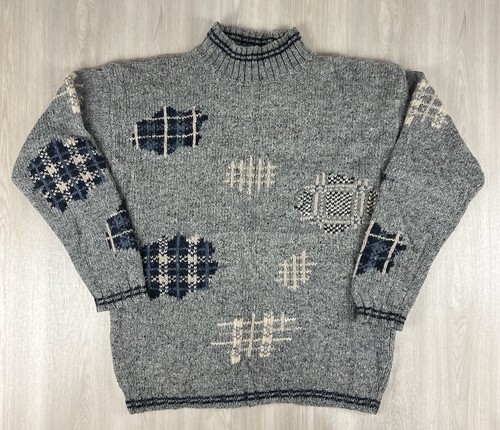Vintage Eddie Bauer Gray Knit Sweater 100% Wool Patchwork Design Mens Size Large - Picture 1 of 6