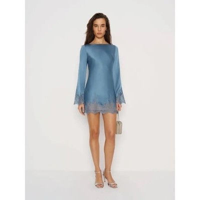 New Reformation Blanche Silk Dress Waves Teal Blue Lace Trim Mini Size S