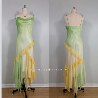 Vintage Midi Dress Prom Gown 12 Yellow Green Ombre Fairy Tinkerbelle Y2K Nymph - Image 1 of 4