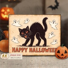 Spooky Halloween Black Cat shelf sitter Vintage style retro Autumn decor PL-58