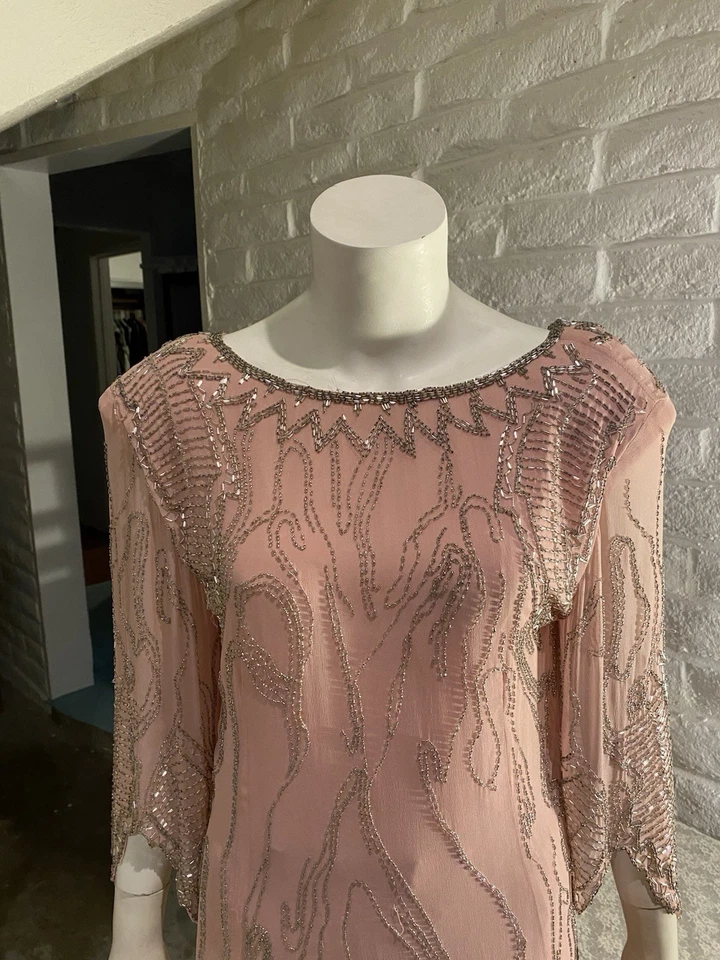 Conjunto Vintage Con Cuentas 2 Piezas Oleg Cassini Talla 10 100% Seda Midi Rosa Pálido Foto 4 de 4
