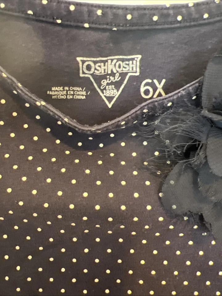 Navy Blue Dress White Polka Dots Kid Girls Size 6X Osh Kosh B'Gosh 3/4 Sleeve - Image 2 of 3