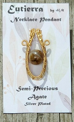 Eutierra Semi-Precious Agate Pendant Hand Crafted USA Silver Plated 1 3/4'' long